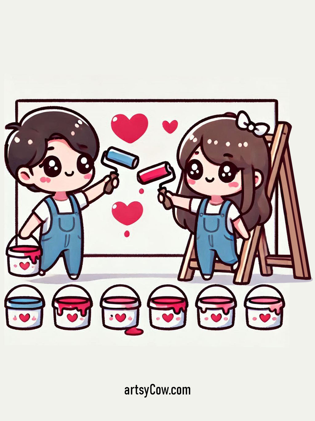 Valentines drawings with couple painting hearts on a wall, featuring a cute couple in blue overalls using paint rollers to paint large red and pink hearts on a canvas.